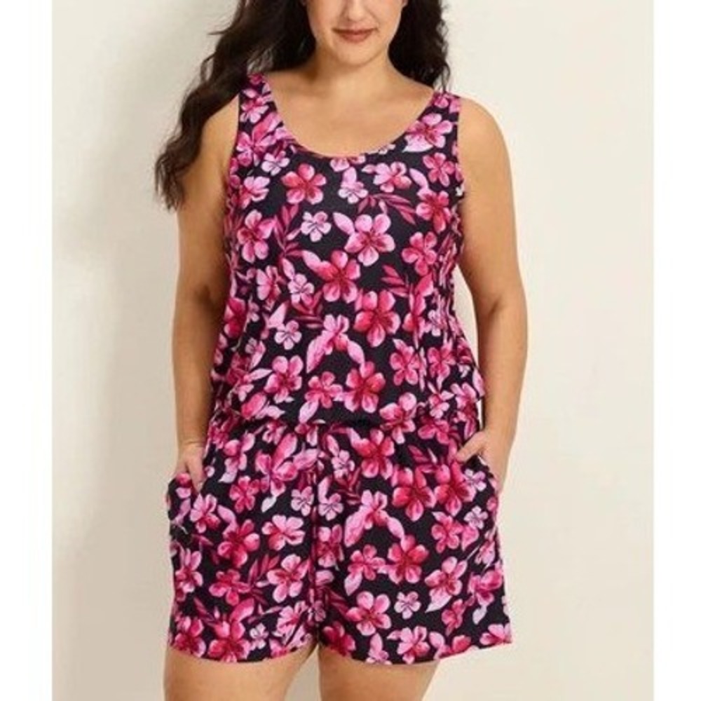 BloomChic Floral Blouson Swim Dress Pink Hibiscus Black One Piece Swimsuit 14-16